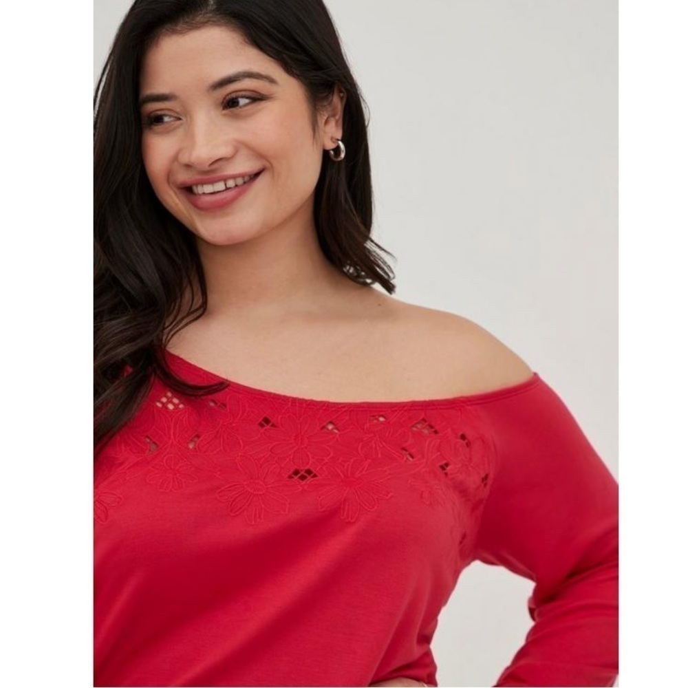 Torrid 2 OFF-SHOULDER Light WEIGHT FRENCH TERRY EMBROIDERED SWEATSHIRT - Picture 4 of 10